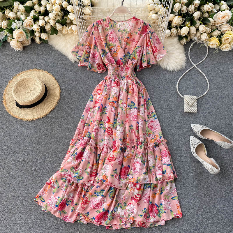V-neck Flounces, High Waist Slim Dress, Print Fairy Dress