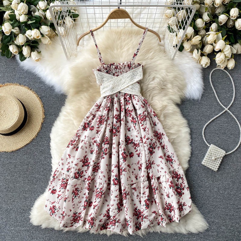 Sweet Floral Dress, Spaghetti Trap Dress With Lace Belt