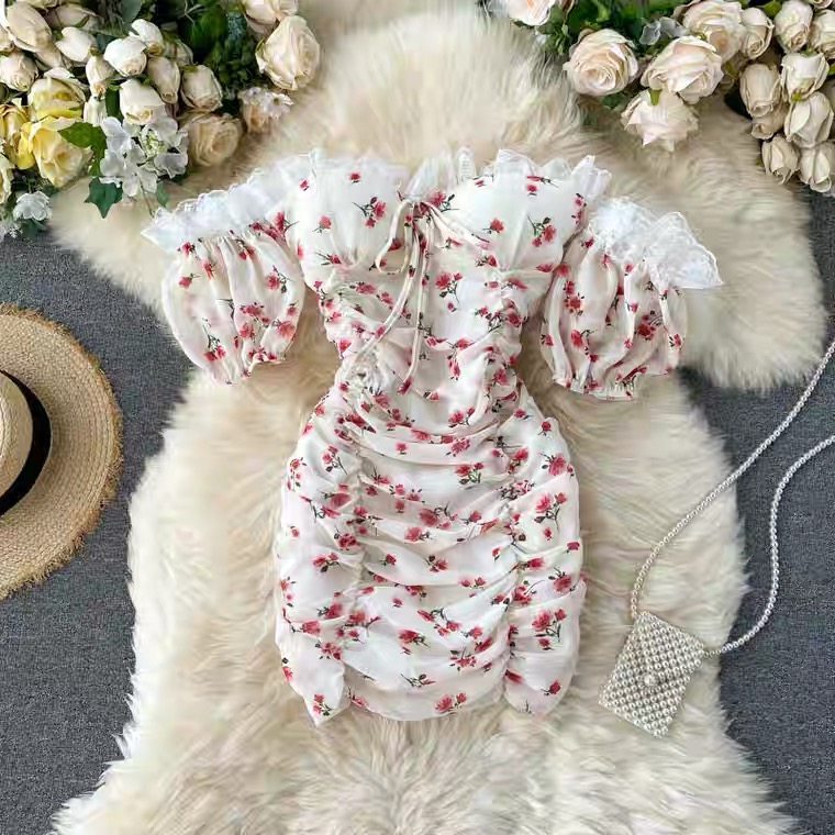 Off Shoulder, Sexy, Backless, Pleated Bodycon Floral Dress