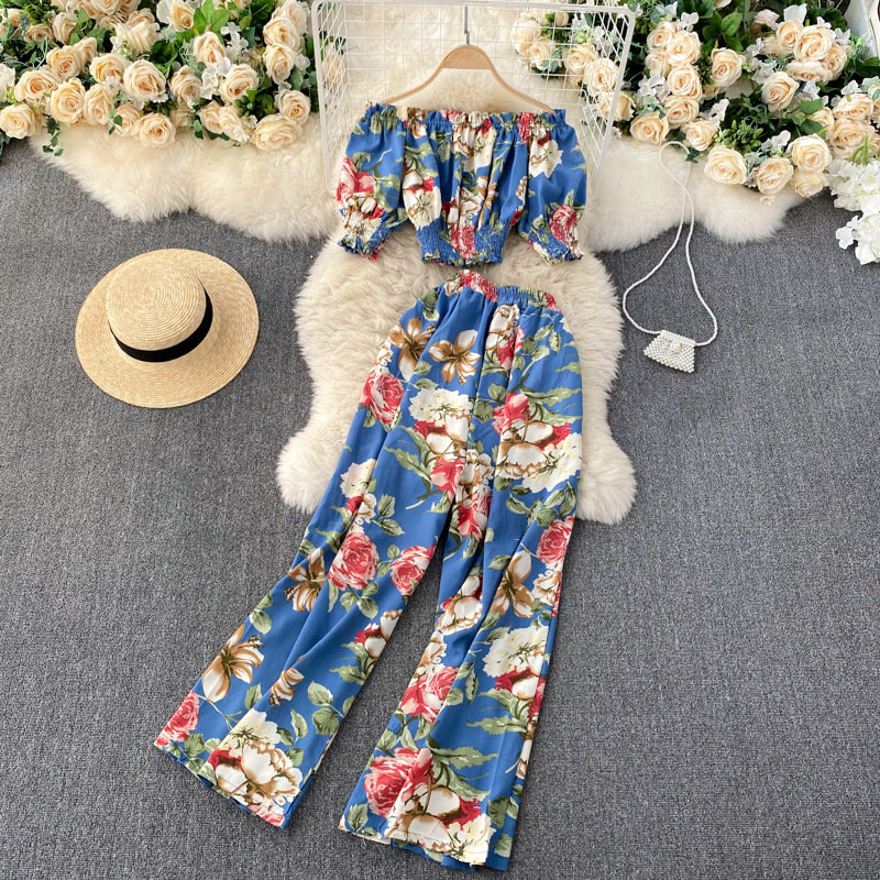Holiday Floral Chic, Spring Two-piece Suit, Off Shoulder Top, High-waisted Wide-leg Pants