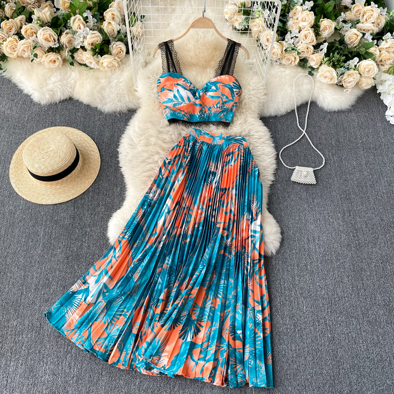 Vacation Suit, Lace Design, Spaghetti Strap Short Top , Pleated Skirt With High Waist
