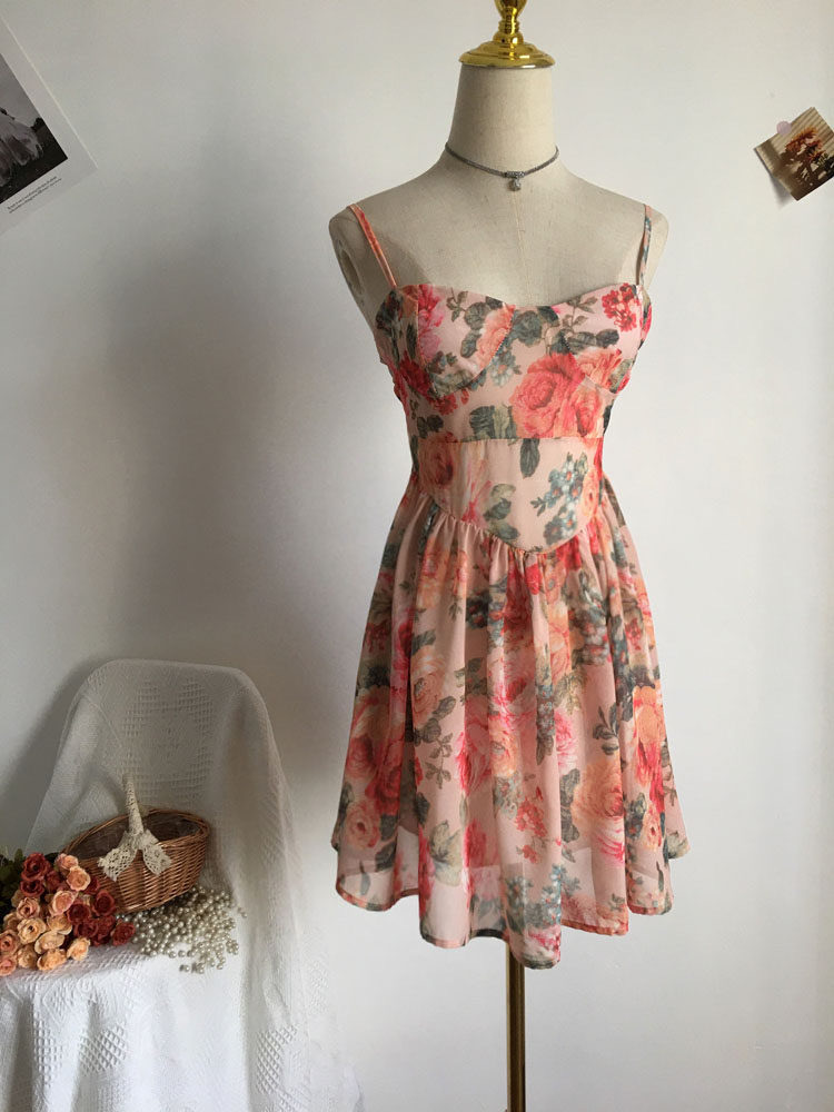 Romantic, Floral Print Dress, High Waist A-line Princess Dress