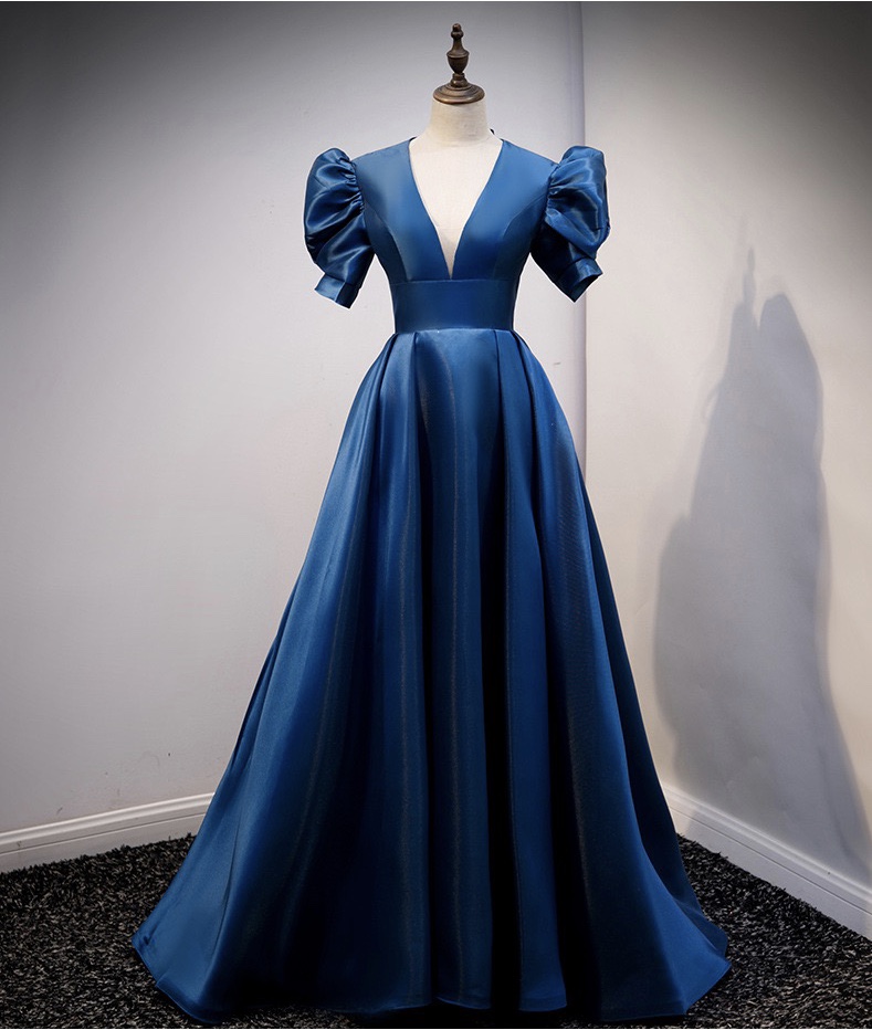V-neck Prom Dress,bubble Sleeve Evening Dress,royal Blue Evening Dress,custom Made