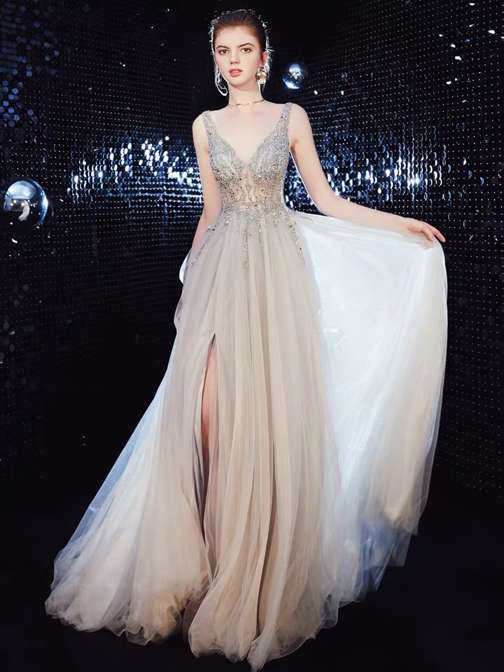Sexy,v-neck Prom Dress,backless Evening Dress With Slit,custom Made