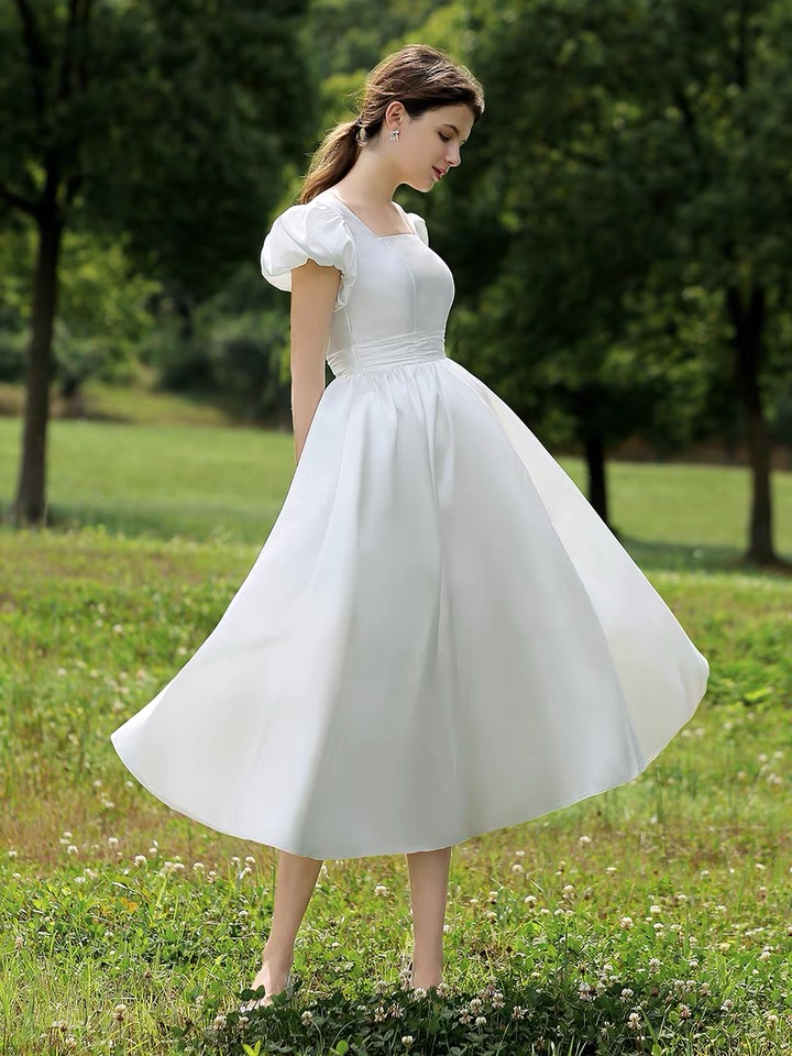 Vintage Bouffant Dress, White Dress With Bubble Sleeves, Simple Wedding ...