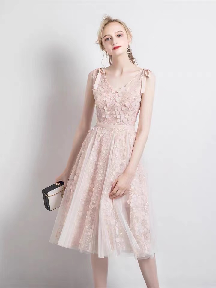Deep V, Hollow Pink, Lace Dress, Temperament Bridesmaid Dress,custom Made