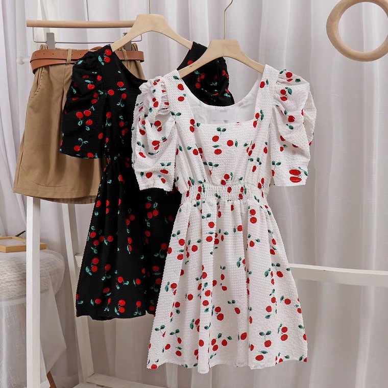 Gentle Style, Cherry Dress, Summer,square Neck, Puffed Sleeves, Midi Dress