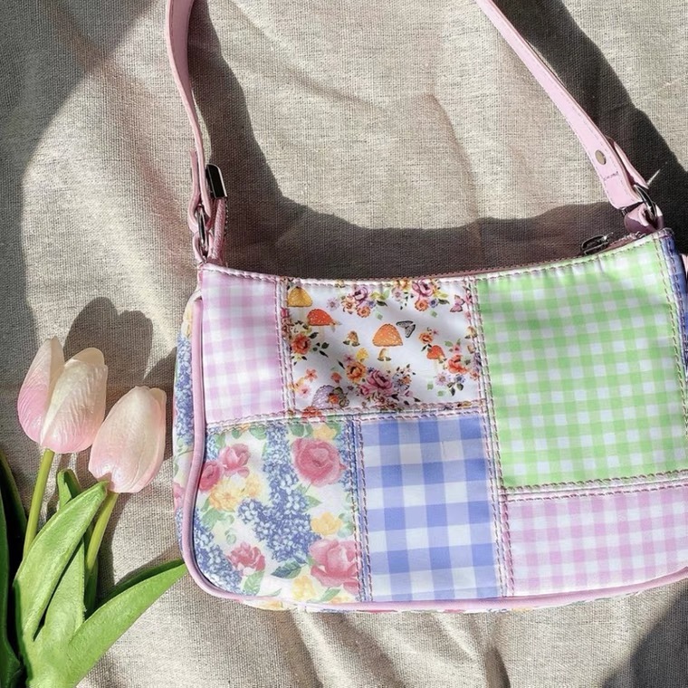 Country Style, Sweet, One Shoulder Bag, Spliced Flower Plaid Fabric Art Handbag, Women's Leisure Bag