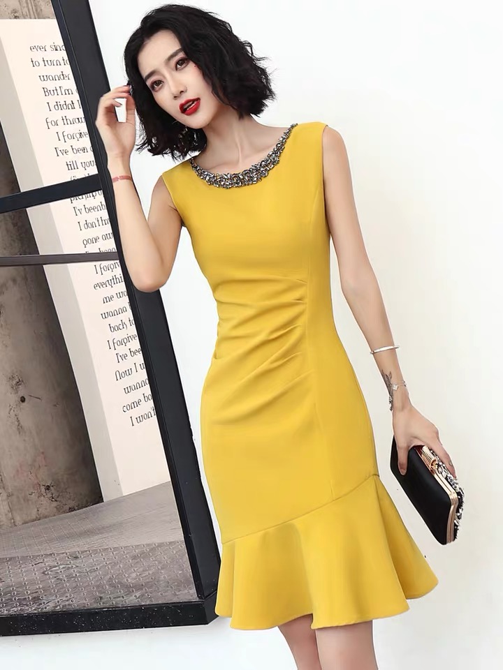 Yellow Dress Midi Dress, High Quality, Light Luxury Party Dress