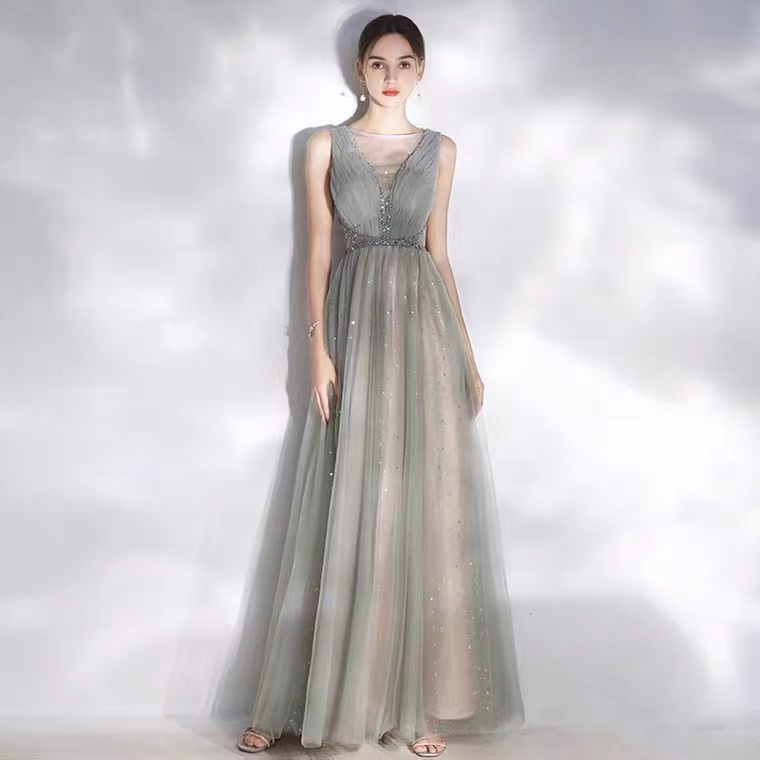 Grey Evening Dress Dress, Noble, Temperament, Shiny Sleeveless Dress ,custom Made