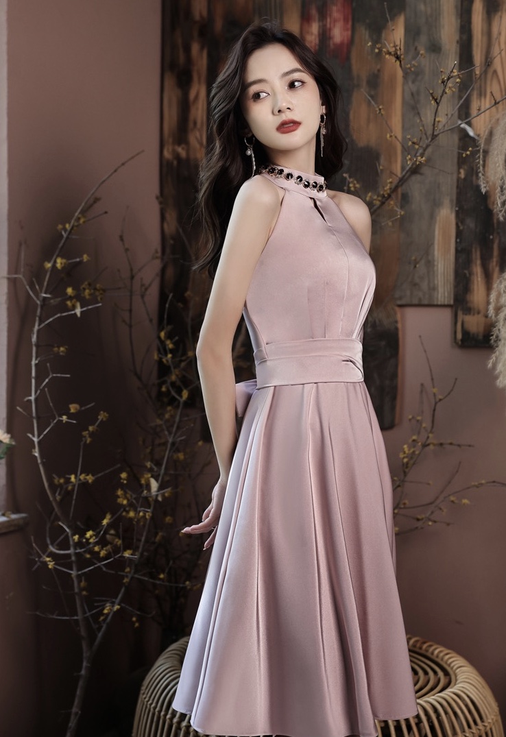 Pink Little Evening Dress, Socialite, Temperament, Halter Neck Satin Short Party Dress,custom Made