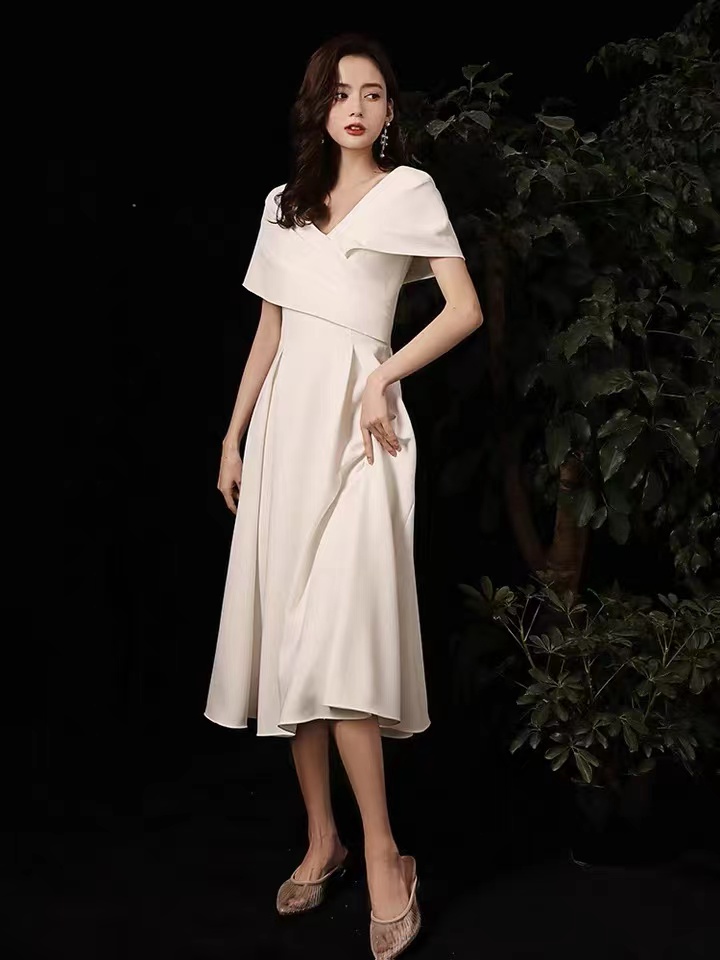 Little White Evening Dress, Temperament ,v-neck Satin Dress,custom Made