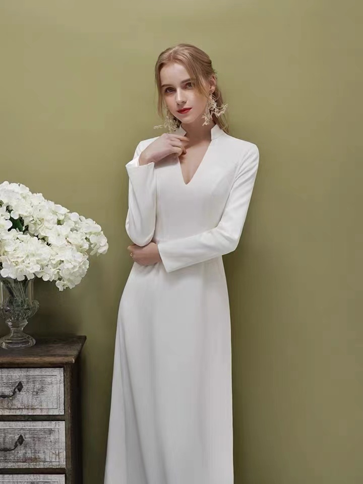 Unique, Stand Collar, Simple White Dress, Satin Wedding Dress,custom Made