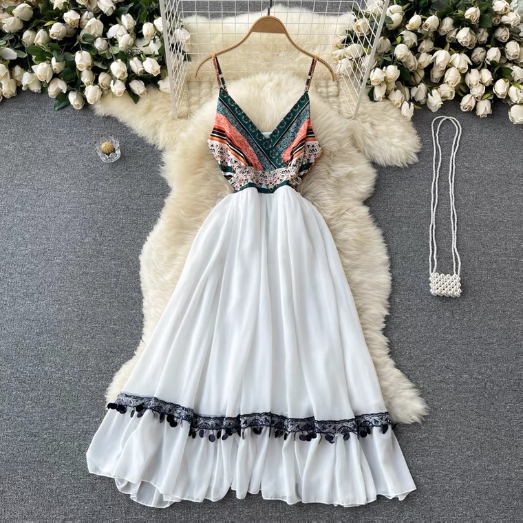 Vintage, Ethnic Style, Printing Splicelong Chiffon Dress ,large Swing Spaghetti Strap Dress
