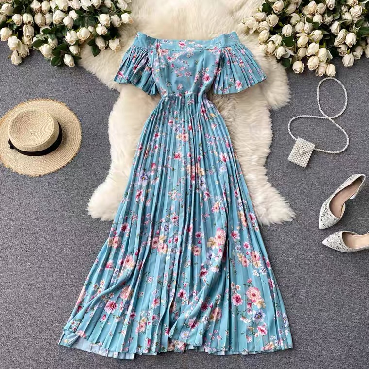 Off-shoulder Printed Dress, Flared Sleeve Slim Midi Dress, Heavy Compression Pleated Floral Dress, Summer Holiday Dress