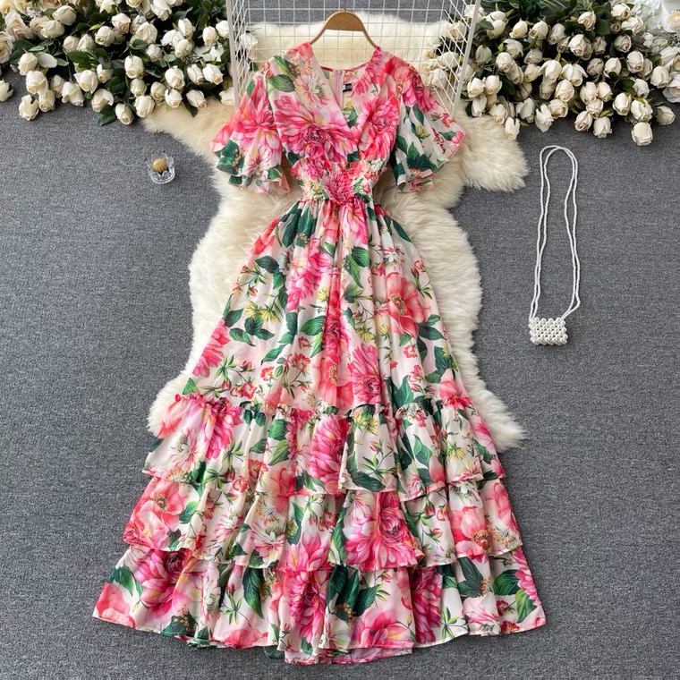 Noble, Elegant, Temperament,, Fairy, Chiffon Printed Flower Holiday Dress