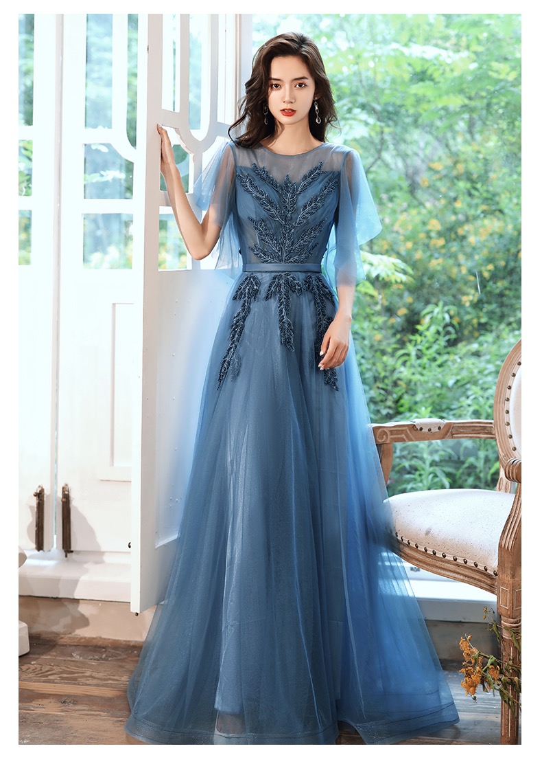 Blue Evening Dresses, Temperament Bridesmaid Dresses, Short Sleeve Prom Dresses,custom Made
