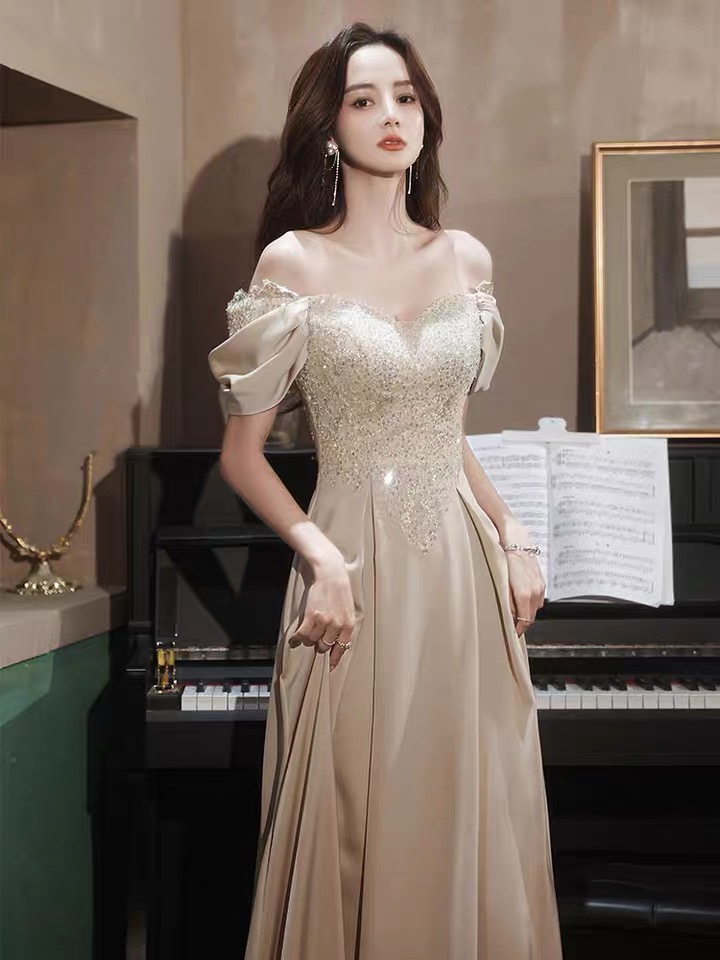 Champagne Evening Gown, Off-the-shoulder High Quality Long Dress,custom Made