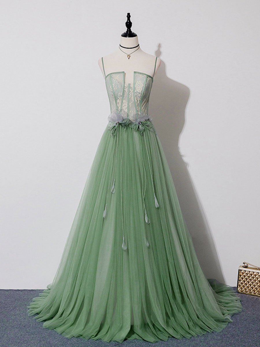 Green Tulle Lace Long Prom Dress ,spaghetti Strap Tulle Evening Dress, Custom Made