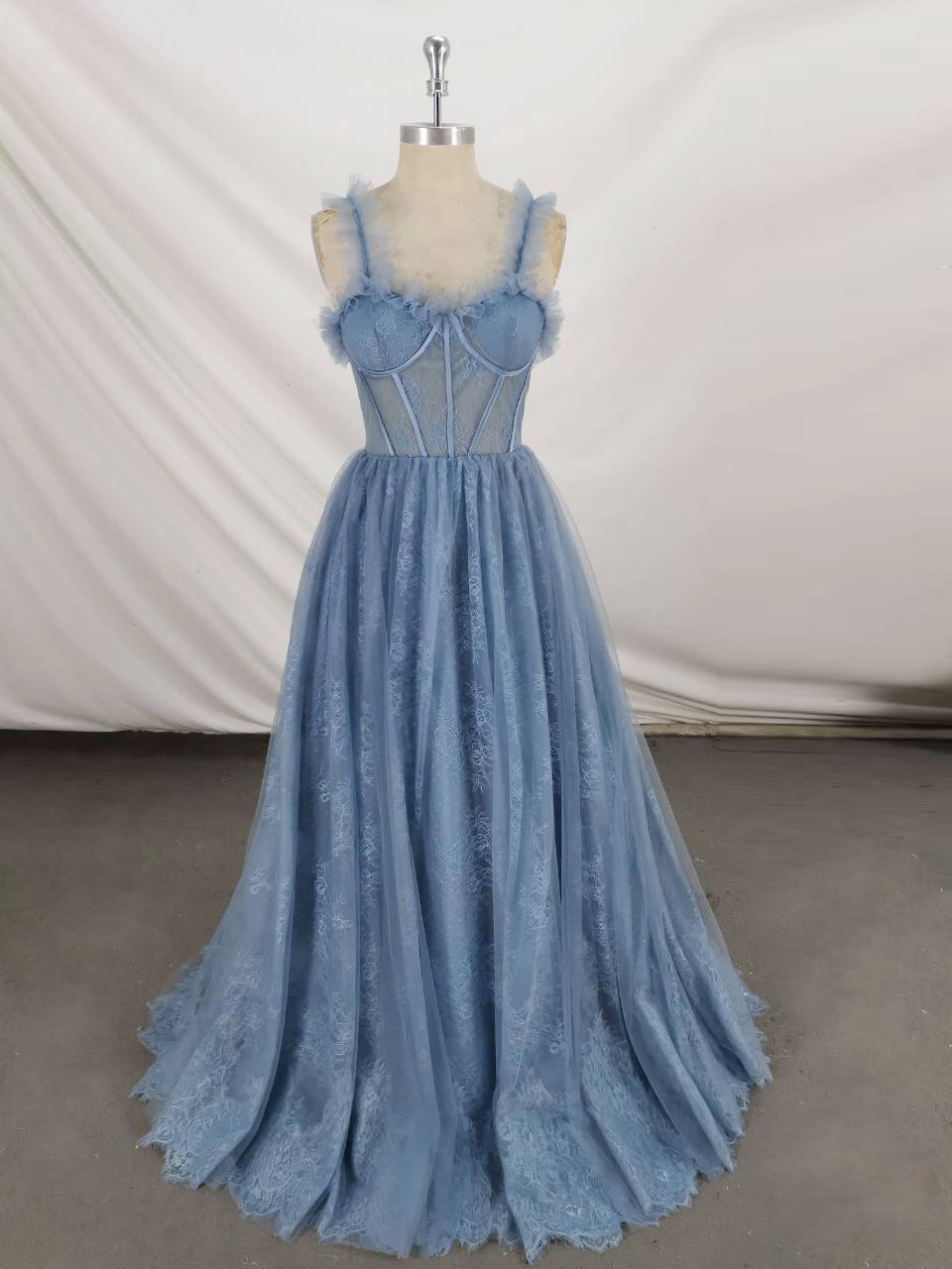 Gray Sweetheart Neck Evening Dress, Tulle Lace Long Prom Dress, Blue Formal Dress, Custom Made