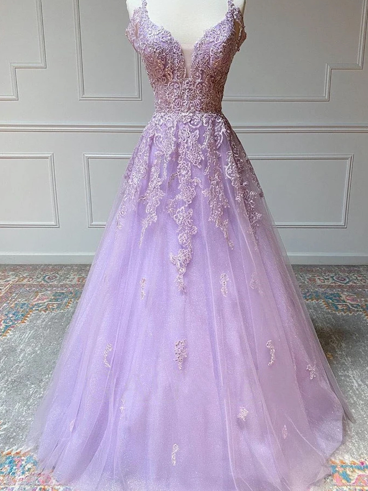 Purple Tulle Long Prom Dresses ,a-line Custom Appliques Dress, Long Party Gowns Evening Dress Custom Made