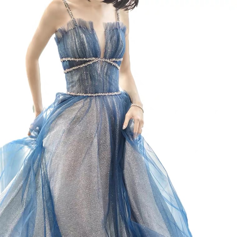 Blue Prom Dress, Sexy Halter Starry Sky Dress, Light Luxury, High Quality Evening Dress ,custom Made