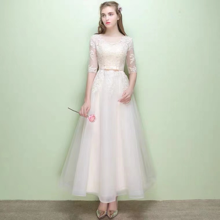 White evening dress, midsleeve long bridesmaid dress ,lace sister dress, fairy dress,Custom Made