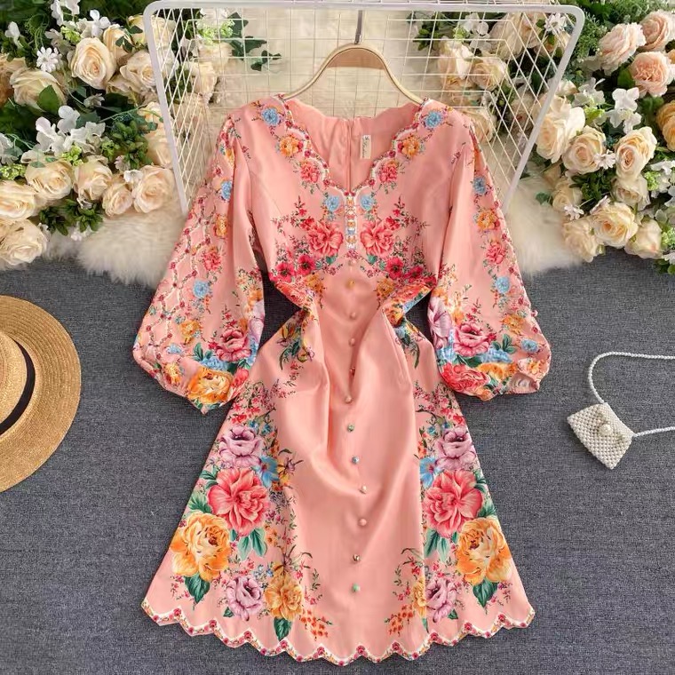 Pink Bubble Sleeve Short Dress Dress, Delicate Printed Dress