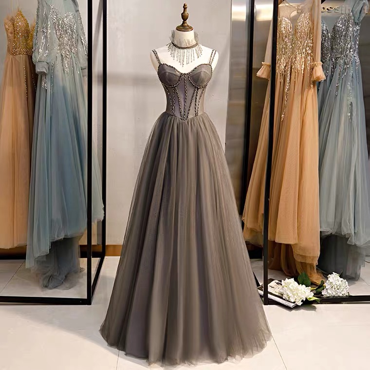 Spaghetti Strap Evening Dress, Gray Party Dress,beaded Prom Dress,custom Made