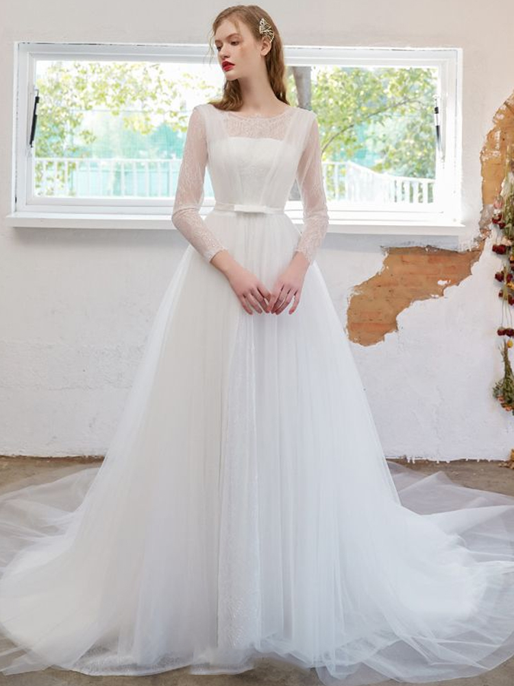 Ivory Wedding Dresses ,a-line / Princess Dresses,scoop Neck Bow Lace Flower Long Sleeve Court Train Wedding Dresses,custom Made