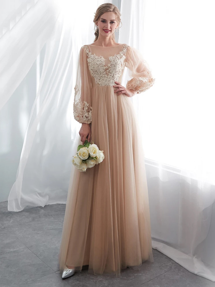 Champagne Long Sleeve Tulle Lace Appliques Prom Dresses,custom Made