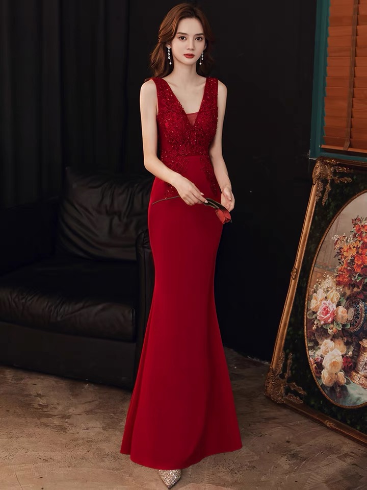 Red Wedding Long Dresses,sexy Mermaid Dresses, V-neck Party Dresses,custom Made