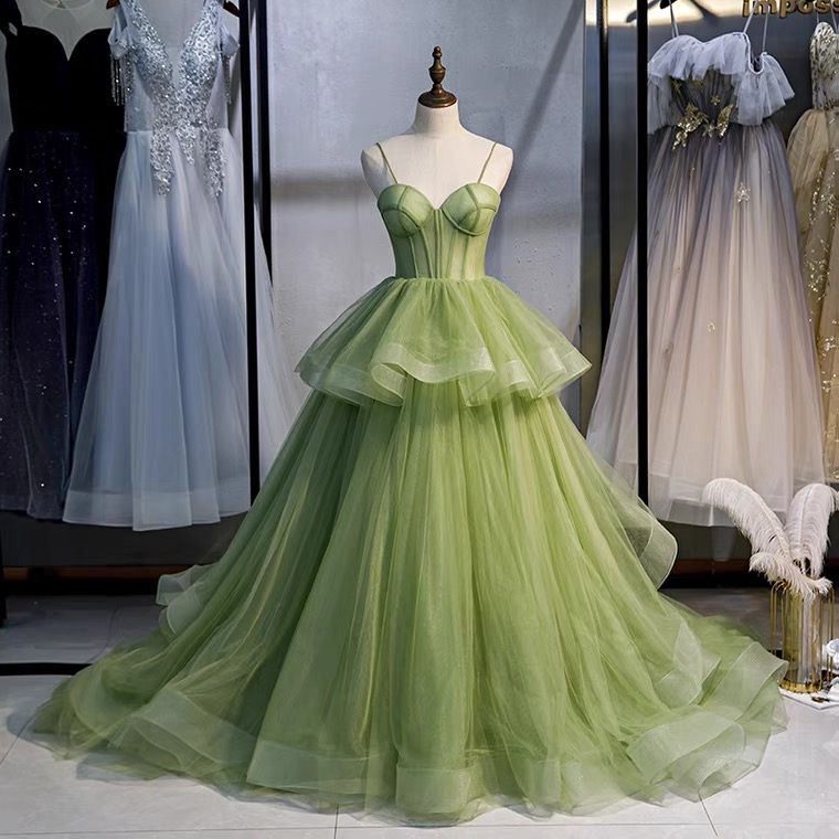 Long Temperament Elegant Dress, Green Spaghetti Strap Dress,custom Made