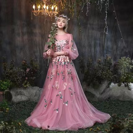 Fashion Princess Wedding Dress, Long Tail Flower Evening Dress, Custom Made