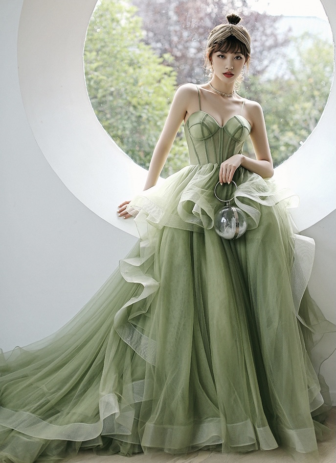 Spaghetti Strap Evening Dress, Temperament Trailed Socialite Fairy Dress, Green Fresh Party Dress, Custom Made