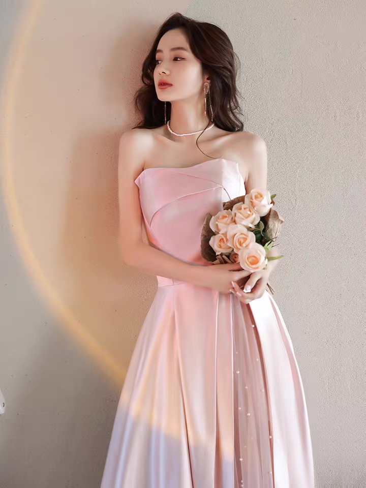 Pink Evening Dress, Strapless Party Dress, Sweet Bridesmaid Dress, Satin Texture Dress,custom Made