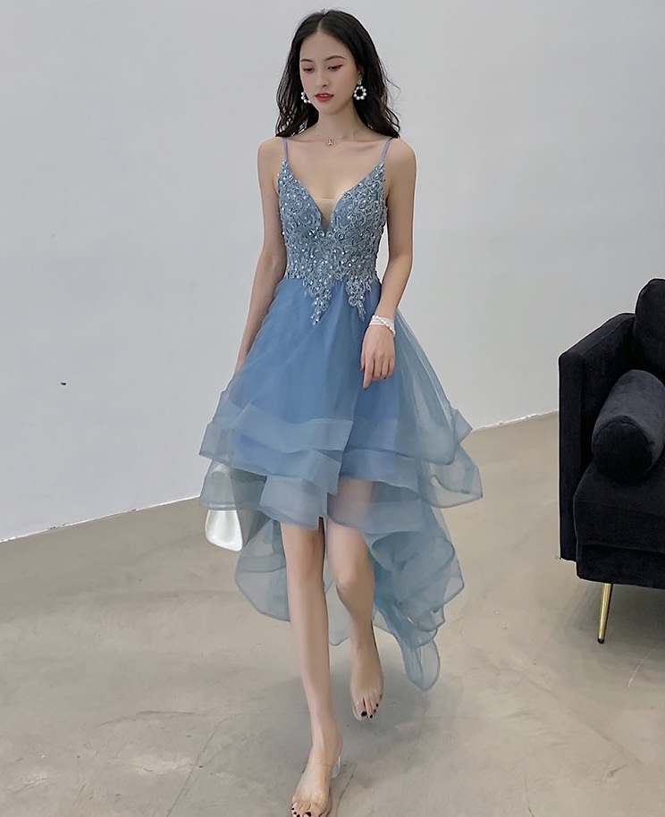 Blue Party Evening Dress, Short High Low Party Dress,spaghetti Strap Sexy Homecoming Dress,elegant Prom Dress ,custom Made