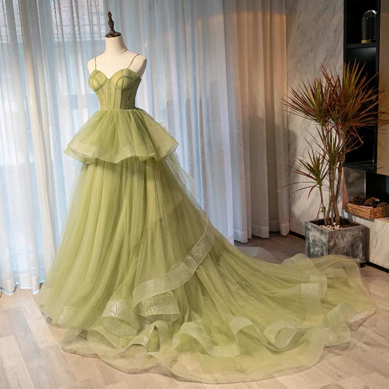 Spaghetti Strap Evening Dress, Green Fresh Party Dress, Long Fairy Temperament Tail Dress ,custom Made