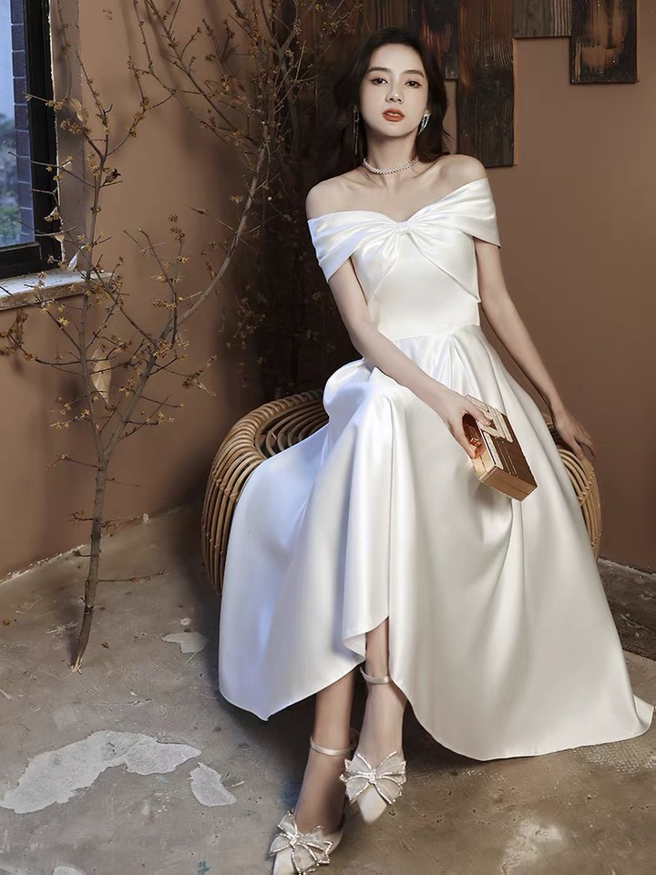 Little Satin Party Dress, White Prom Dress, Light Luxury Off-the-shoulder Prom Dress,custom Made
