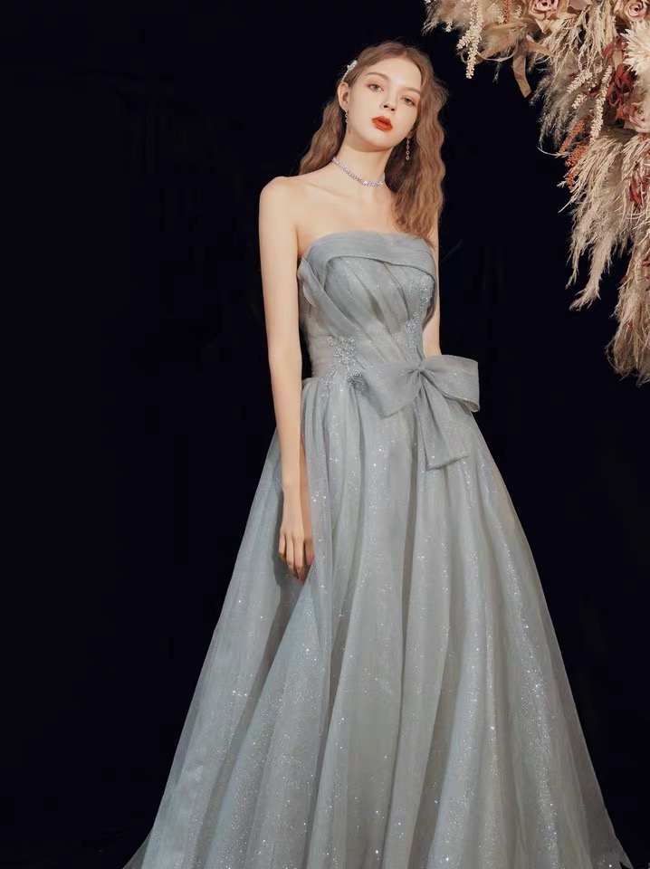 Strapless Prom Dresses, Gray And Blue Party Dresses, Sexy Shiny Evening Dresses,custom Made