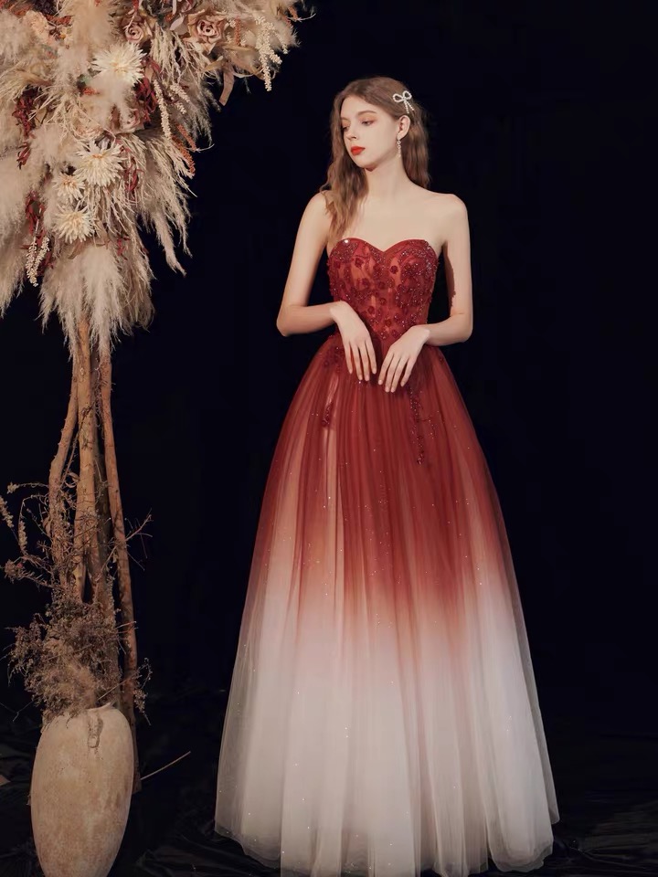 Red Wedding Gown, Temperament, Gradient Elegant Party Dress,custom Made