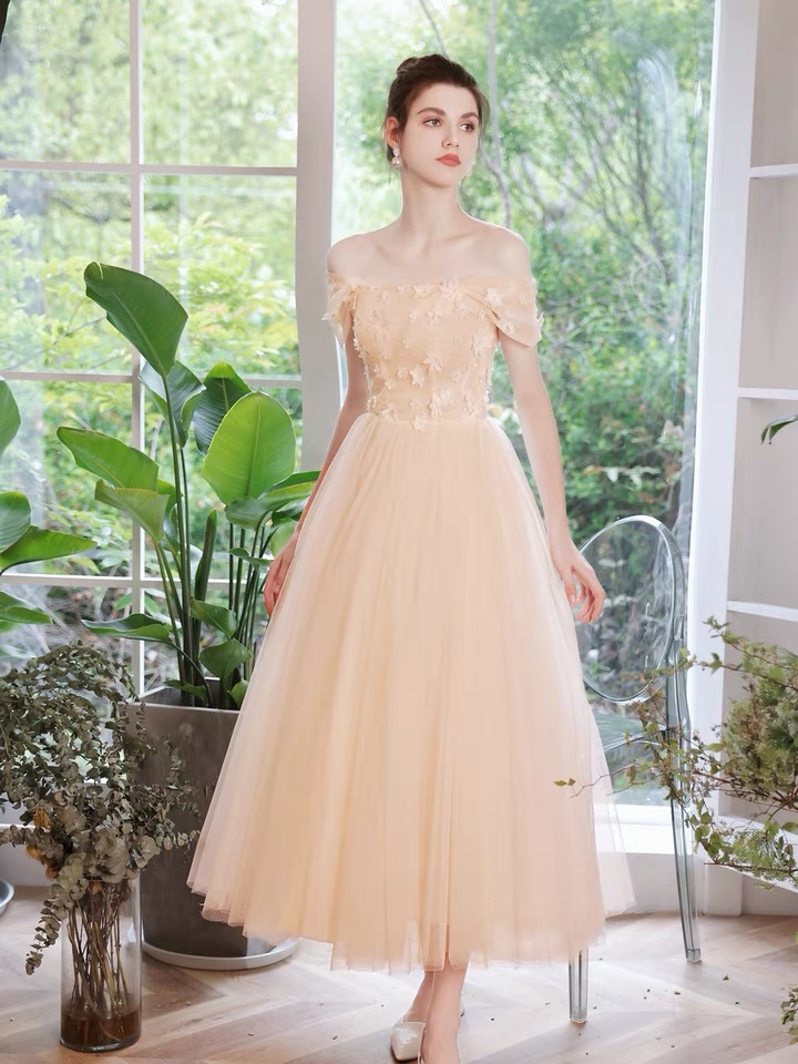 Off-the-shoulder Bridesmaid Dress, Elegant Applique Midi Dress,custom Made
