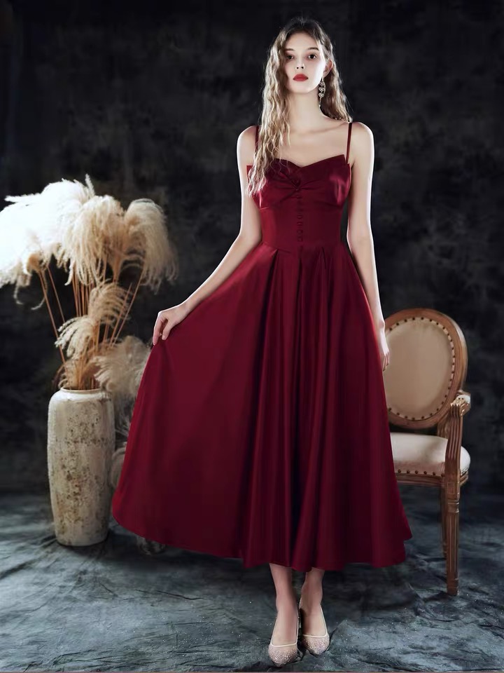 , Slim Satin Red Party Dress , Midi Birthday Prom Dress,custom Made