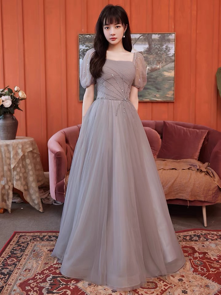 Short Sleeve Evening Dress, Gray Prom Dress, Socialite Party Dress ,custom Made