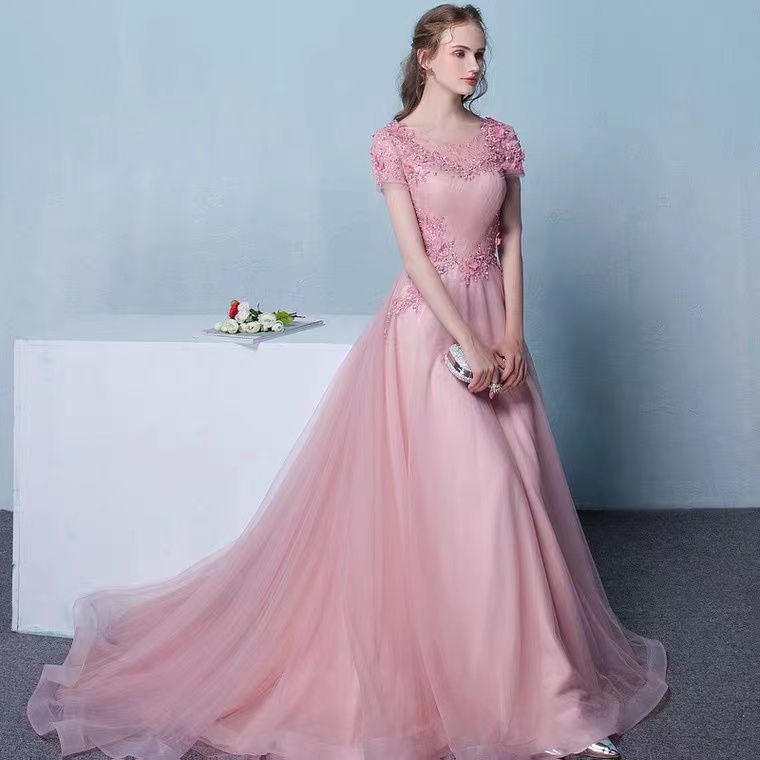 Pink Evening Dress, Short Sleeve Formal Dress, Sweet Tail Dress,custom Made