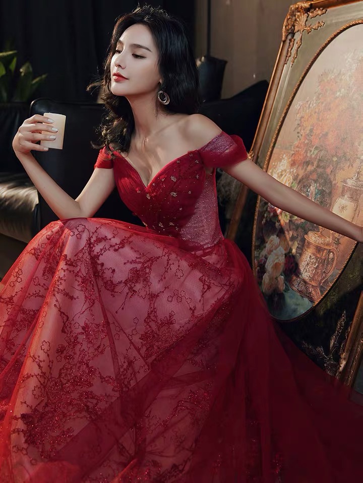Red Prom Dress, Temperament, Noble Party Dress, Off Shoulder Evening Dresss,custom Made