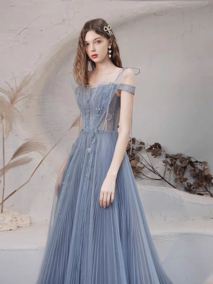 Blue Evening Dress, Off Shoulder Fairy Dress, Light Luxury Socialite ...