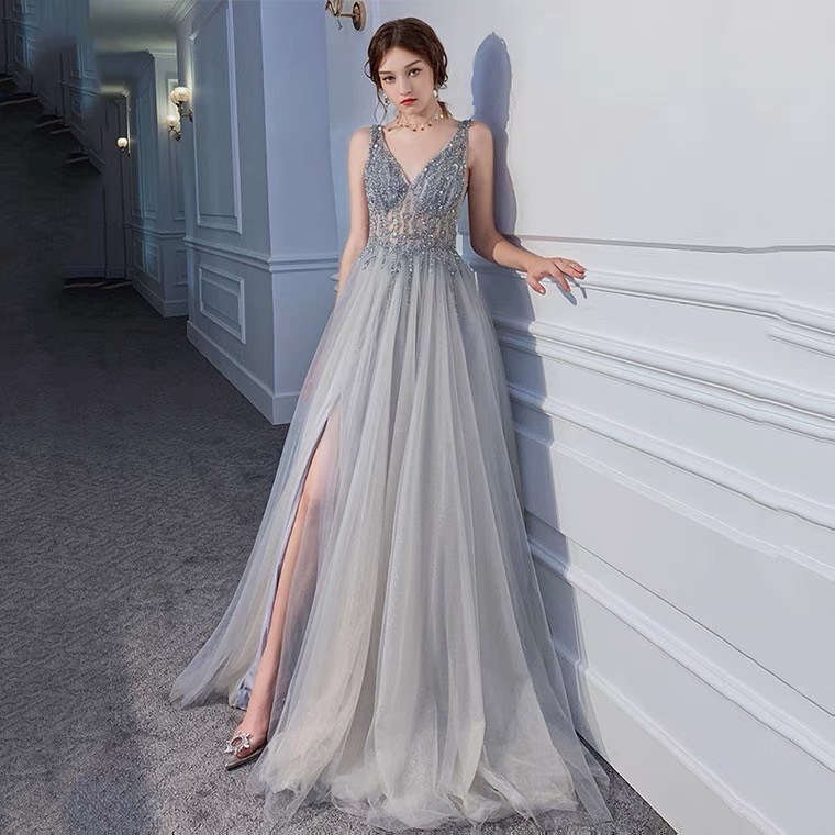 Silver beaded prom dress, starry night evening dress, slit party dress,Custom made