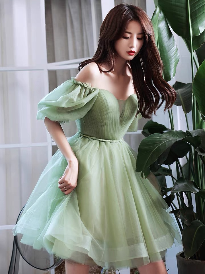 Little green evening dress, temperament, fresh birthday dress,off shoulder party dress,Custom made