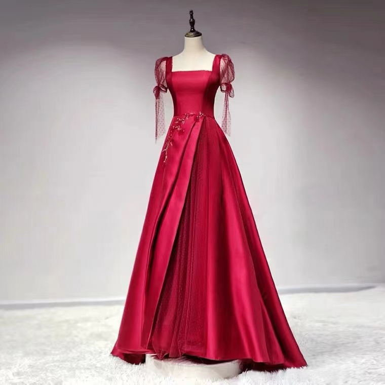Burgundy Prom Dress, Square Collar Evening Dress, Wedding Satin Dress,custom Made